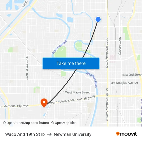 Waco And 19th St Ib to Newman University map