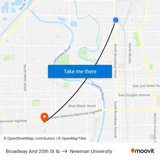 Broadway And 20th St Ib to Newman University map