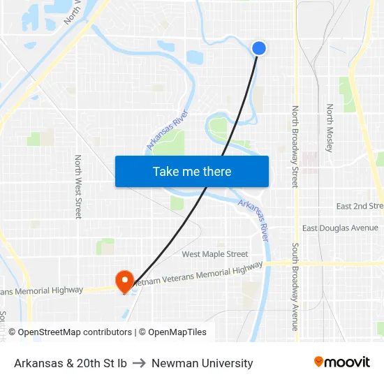 Arkansas & 20th St Ib to Newman University map