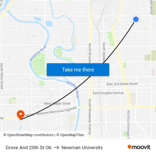 Grove And 20th St Ob to Newman University map