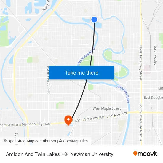 Amidon And Twin Lakes to Newman University map