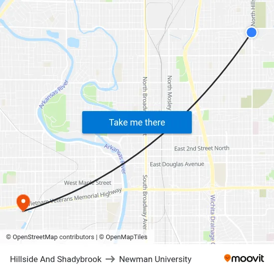 Hillside And Shadybrook to Newman University map