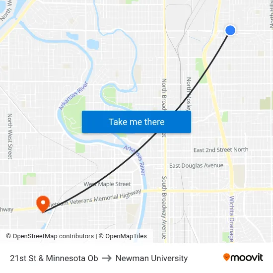 21st St & Minnesota Ob to Newman University map