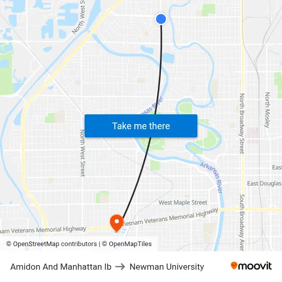 Amidon And Manhattan Ib to Newman University map