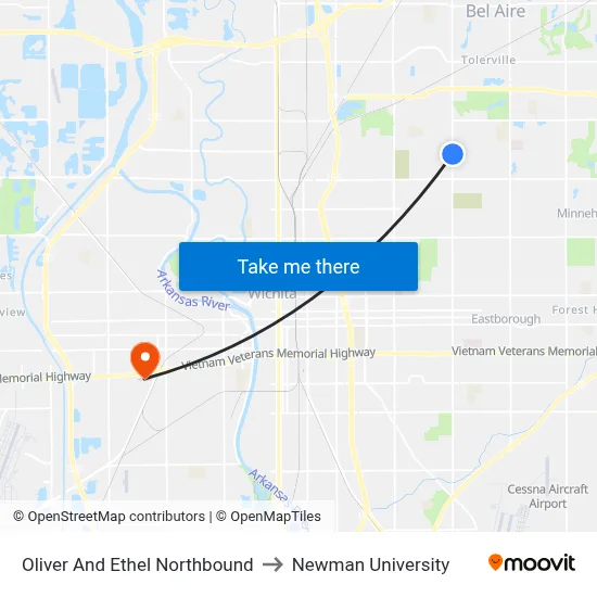 Oliver And Ethel Northbound to Newman University map