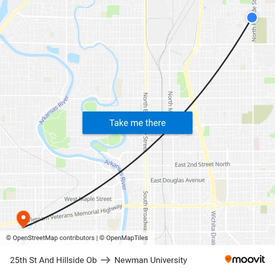25th St And Hillside Ob to Newman University map