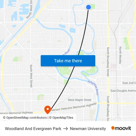 Woodland And Evergreen Park to Newman University map