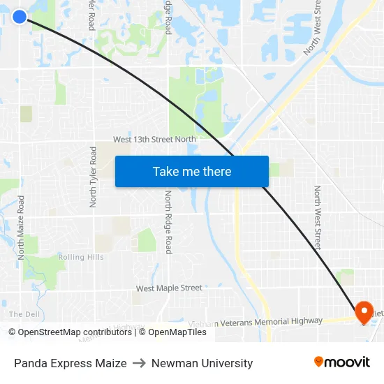 Panda Express Maize to Newman University map
