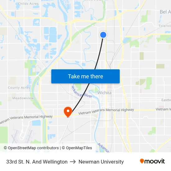 33rd St. N. And Wellington to Newman University map