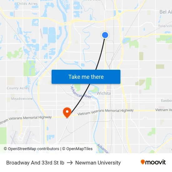 Broadway And 33rd St Ib to Newman University map