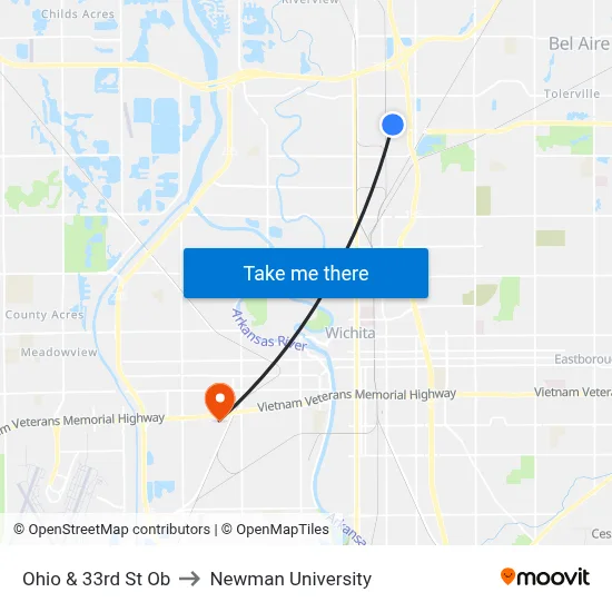 Ohio & 33rd St Ob to Newman University map