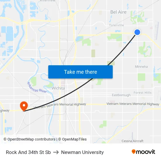 Rock And 34th St Sb to Newman University map