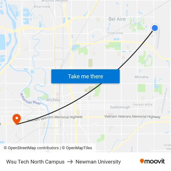 Wsu Tech North Campus to Newman University map