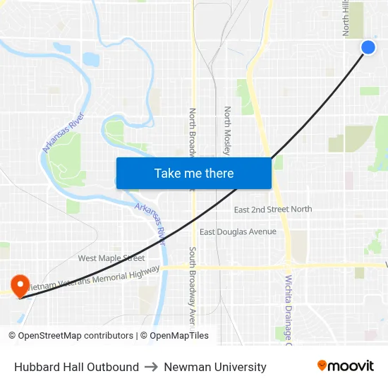 Hubbard Hall Outbound to Newman University map