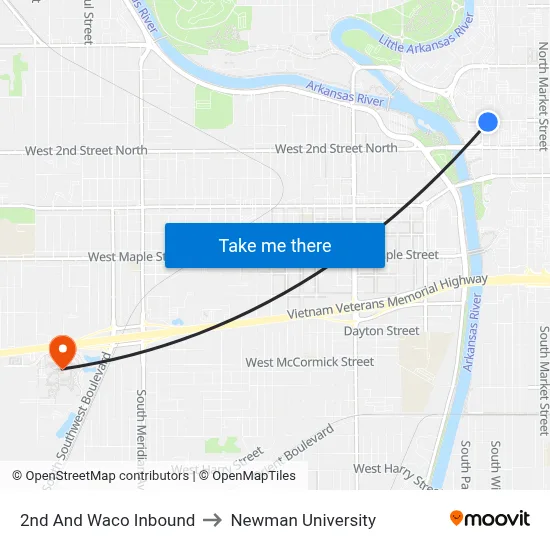 2nd And Waco Inbound to Newman University map