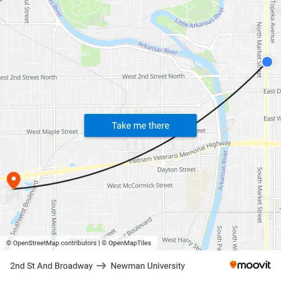2nd St And Broadway to Newman University map