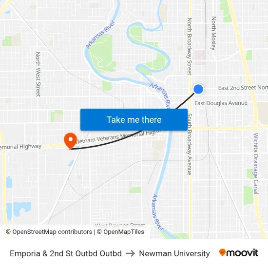 Emporia & 2nd St Outbd Outbd to Newman University map
