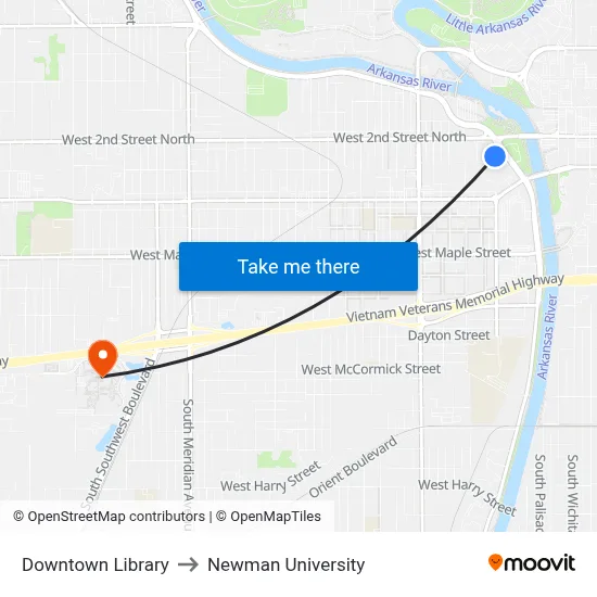 Downtown Library to Newman University map