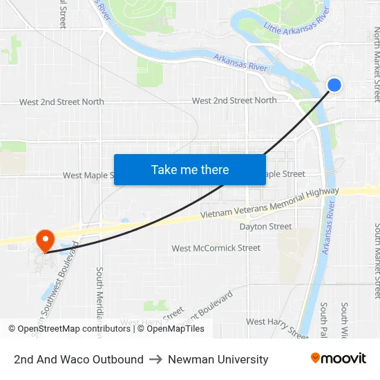 2nd And Waco Outbound to Newman University map