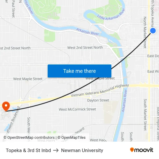 Topeka & 3rd St Inbd to Newman University map