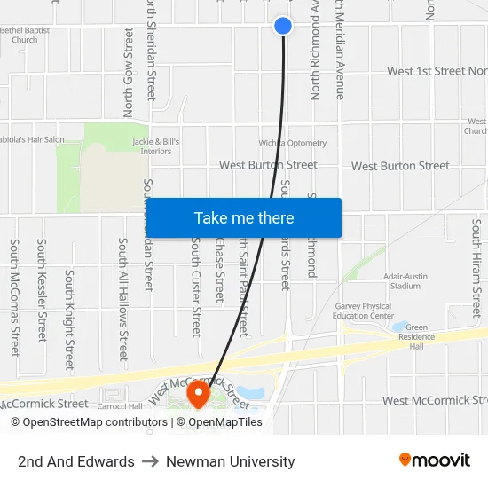 2nd And Edwards to Newman University map