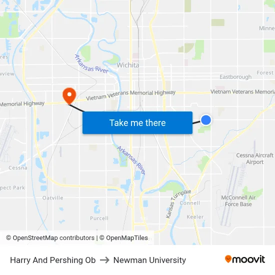 Harry And Pershing Ob to Newman University map