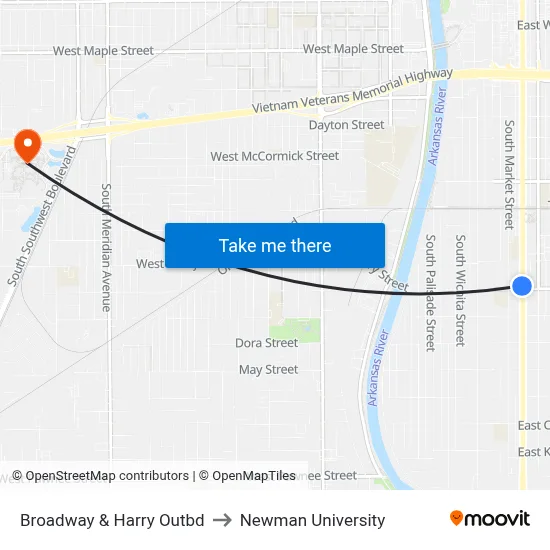 Broadway & Harry Outbd to Newman University map