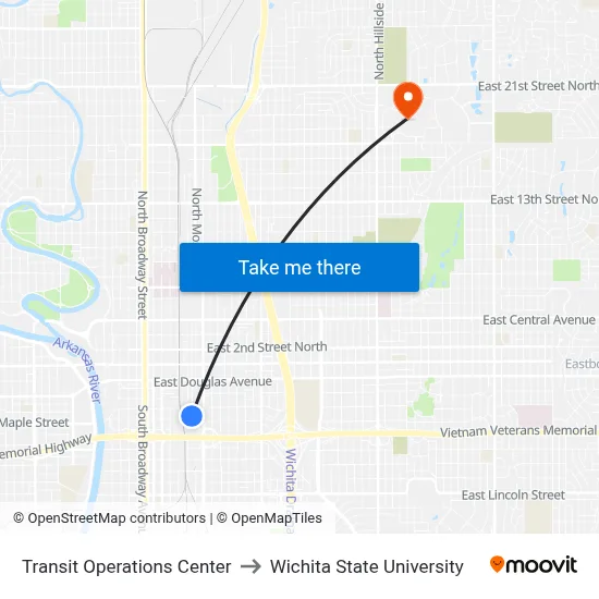 Transit Operations Center to Wichita State University map