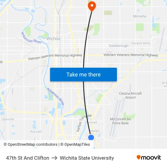 47th St And Clifton to Wichita State University map