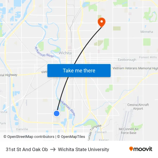 31st St And Oak Ob to Wichita State University map