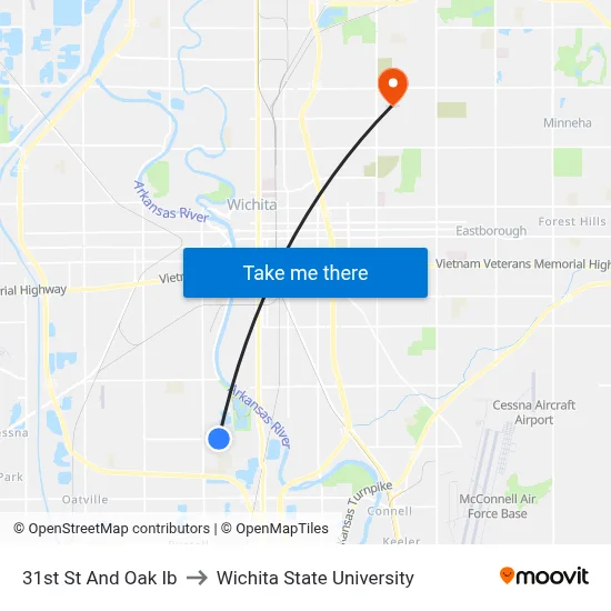 31st St And Oak Ib to Wichita State University map