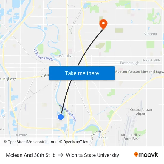 Mclean And 30th St Ib to Wichita State University map