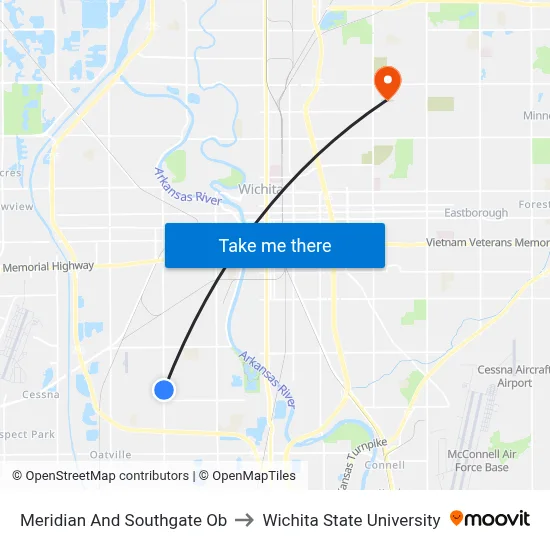 Meridian And Southgate Ob to Wichita State University map