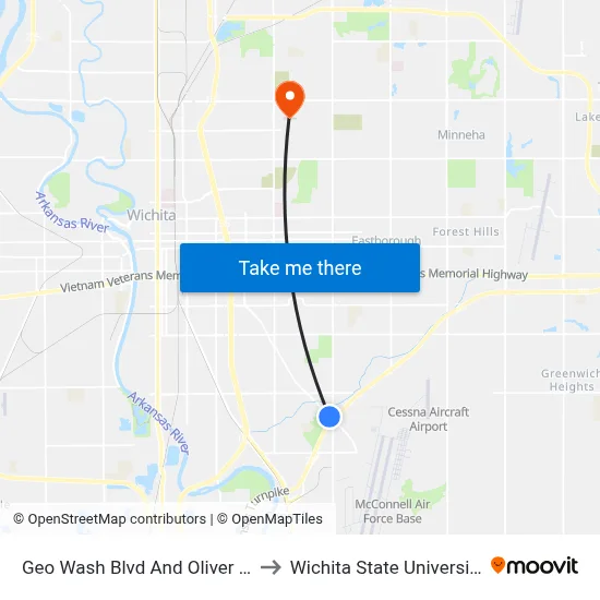 Geo Wash Blvd And Oliver Ib to Wichita State University map