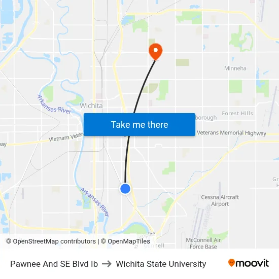 Pawnee And SE Blvd Ib to Wichita State University map