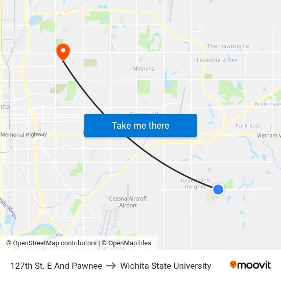 127th St. E And Pawnee to Wichita State University map