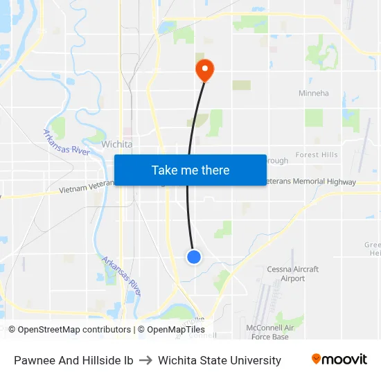 Pawnee And Hillside Ib to Wichita State University map