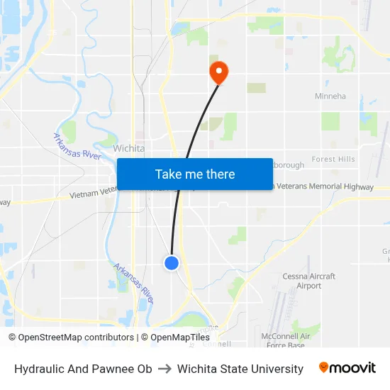 Hydraulic And Pawnee Ob to Wichita State University map