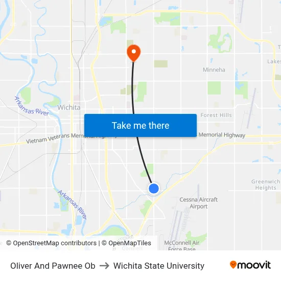 Oliver And Pawnee Ob to Wichita State University map