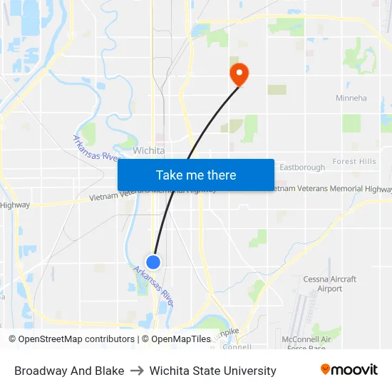 Broadway And Blake to Wichita State University map