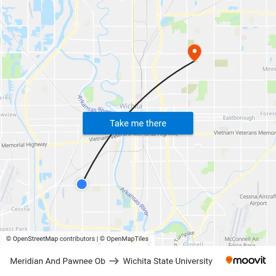 Meridian And Pawnee Ob to Wichita State University map