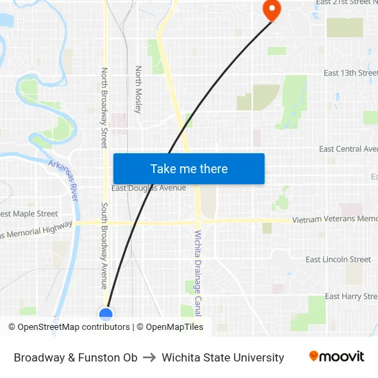Broadway & Funston Ob to Wichita State University map