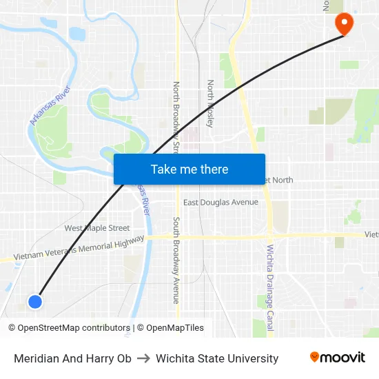 Meridian And Harry Ob to Wichita State University map
