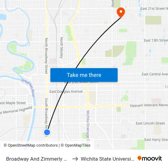 Broadway And Zimmerly Ob to Wichita State University map