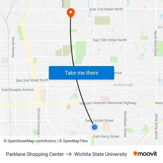 Parklane Shopping Center to Wichita State University map