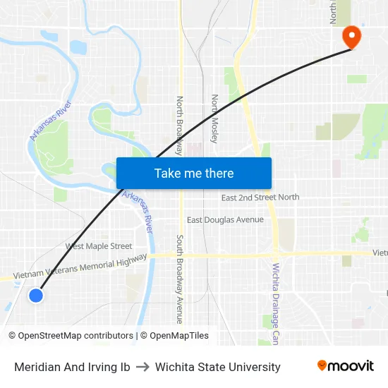 Meridian And Irving Ib to Wichita State University map