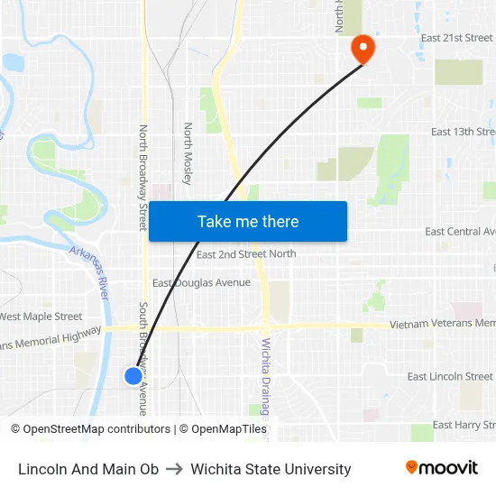 Lincoln And Main Ob to Wichita State University map