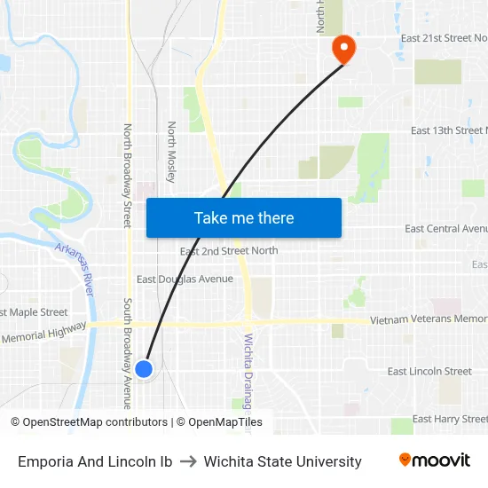 Emporia And Lincoln Ib to Wichita State University map