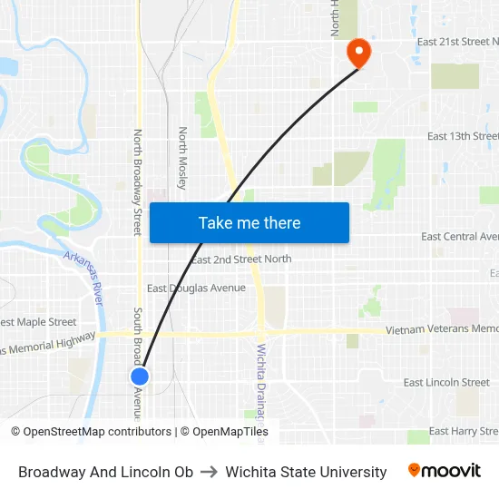 Broadway And Lincoln Ob to Wichita State University map