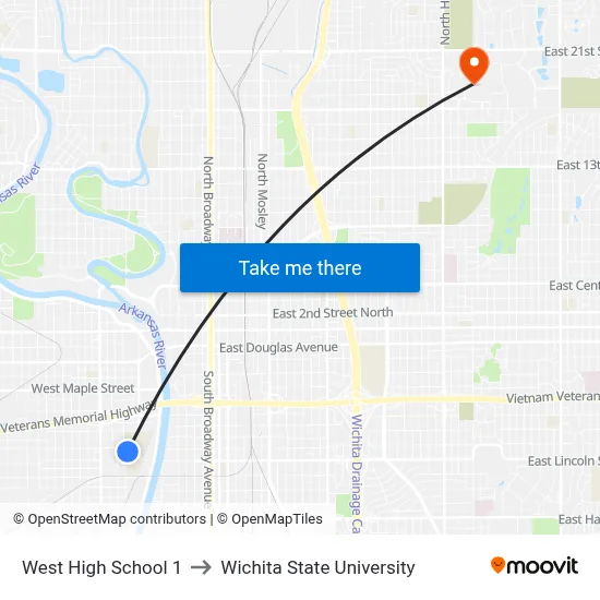 West High School 1 to Wichita State University map